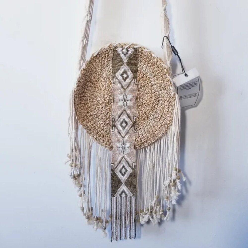 STUNNING ALEX MAX BOHO FRINGE ROUND CROSSBODY BAG - BEADED AZTEC DESIGN - BNWOT
